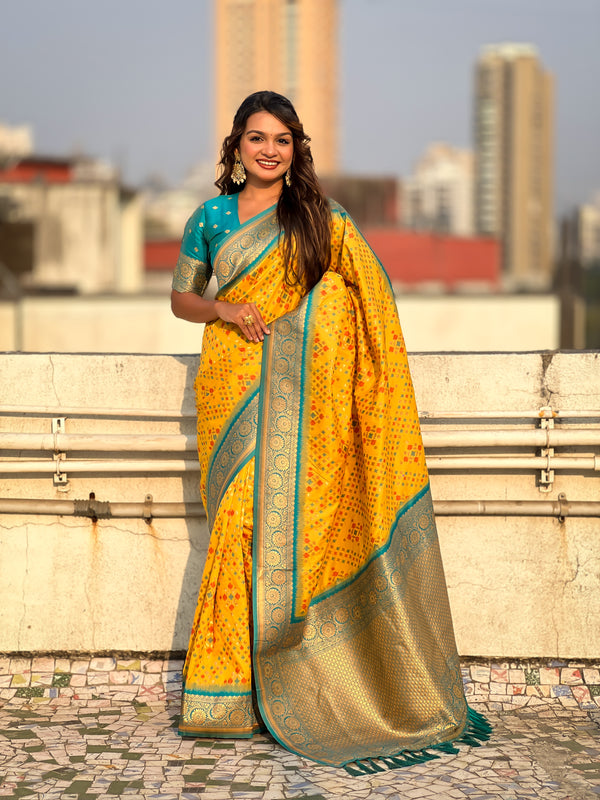 Yellow Patola Silk Saree With Unstiched Blouse