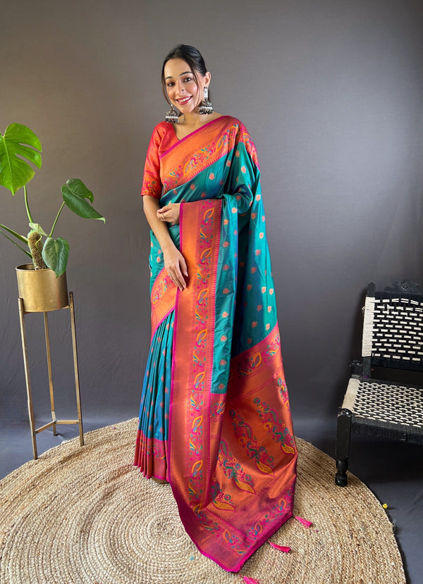 Blue Paithani Silk Saree With Unstitched Blouse