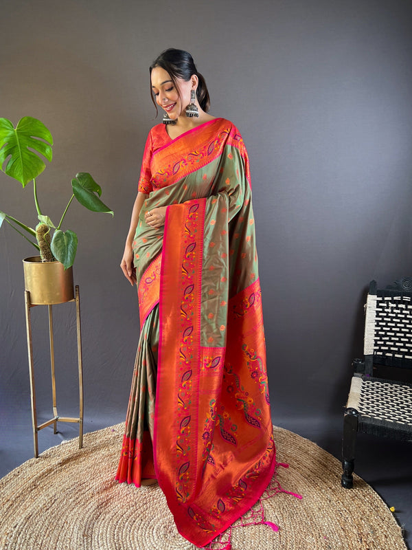 Green Paithani Silk Saree With Unstitched Blouse