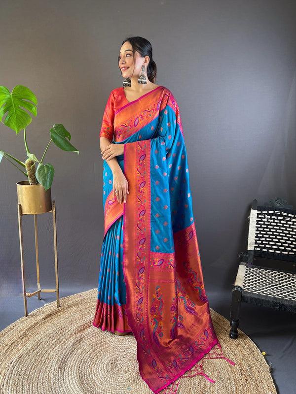 Blue Paithani Silk Saree With Unstitched Blouse