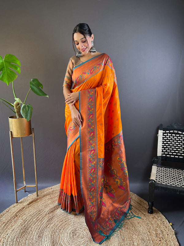 Orange Paithani Silk Saree With Unstitched Blouse