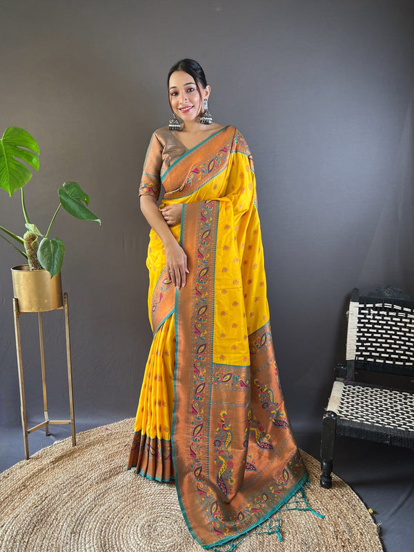 Yellow Paithani Silk Saree With Unstitched Blouse