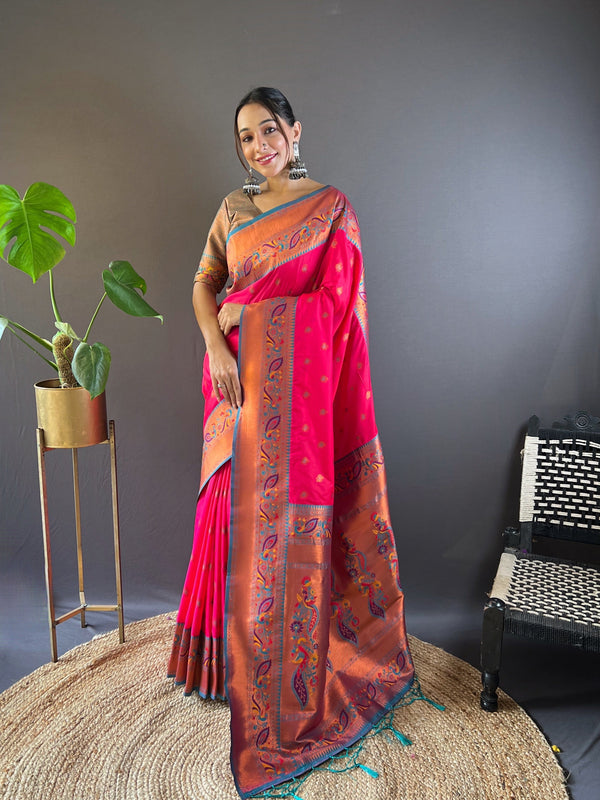 Red Paithani Silk Saree With Unstitched Blouse
