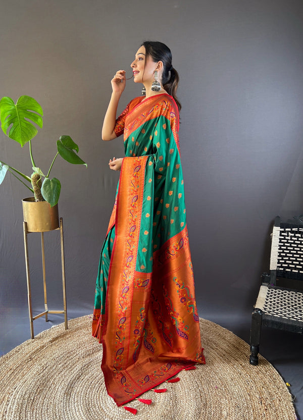 Green Paithani Silk Saree With Unstitched Blouse
