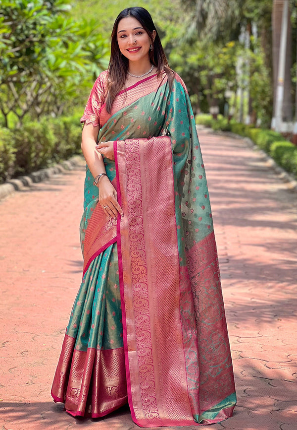 Green Kanjivaram Saree With Unstitched Blouse