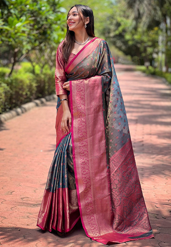 Blue Kanjivaram Saree With Unstitched Blouse