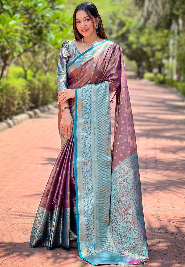 Purple Kanjivaram Saree With Unstitched Blouse