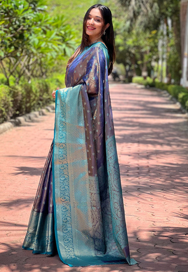 Blue Kanjivaram Saree With Unstitched Blouse