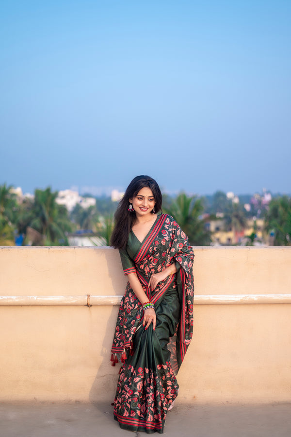 Black With Red Partywear Kolam Silk Saree With Unstitched Blouse