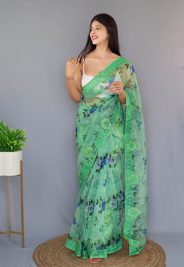 Green Organza Saree With Satin Benglori Blouse With Unstitched Blouse