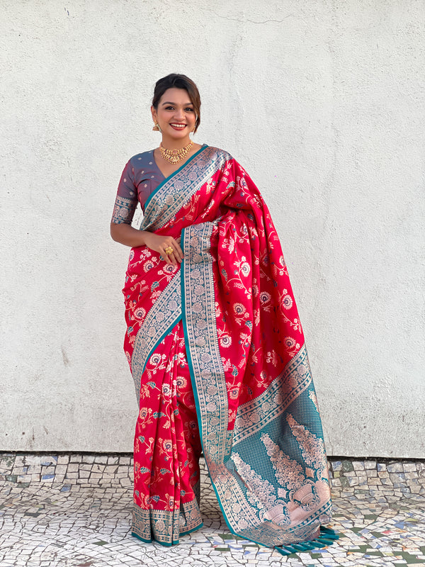 Pink Banarasi Saree With Unstiched Blouse