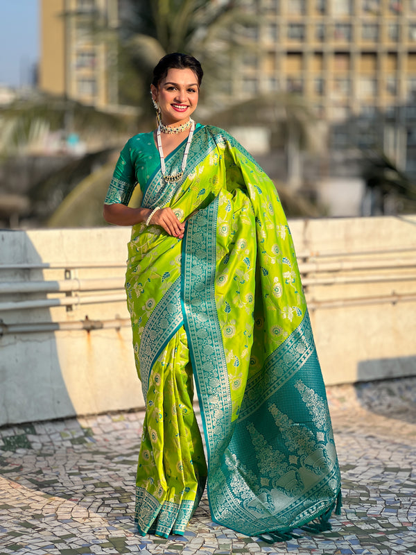 Parrot Green Banarasi Saree With Unstiched Blouse