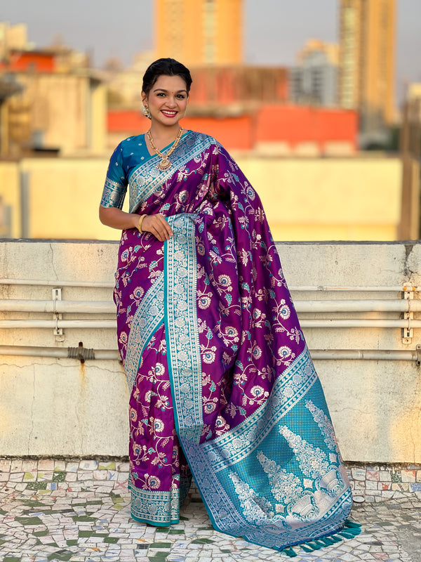 Violet Banarasi Saree With Unstiched Blouse