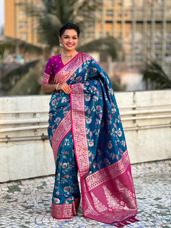 Sky Blue Banarasi Saree With Unstiched Blouse