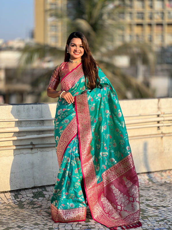 Firozy Banarasi Saree With Unstiched Blouse