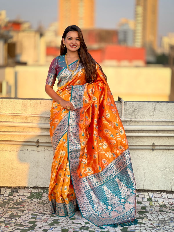 Orange Banarasi Saree With Unstiched Blouse