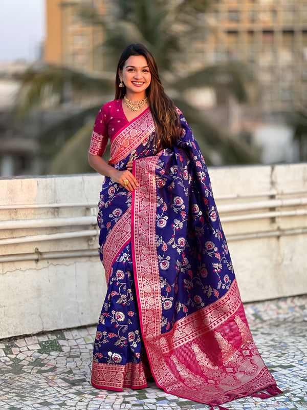 Blue Banarasi Saree With Unstiched Blouse