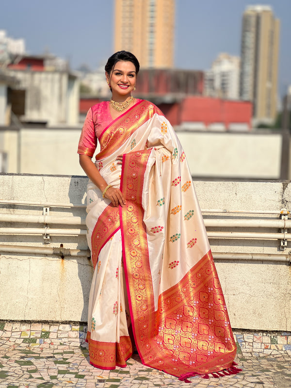 White Soft Silk Flower Butta Saree With Unstiched Blouse