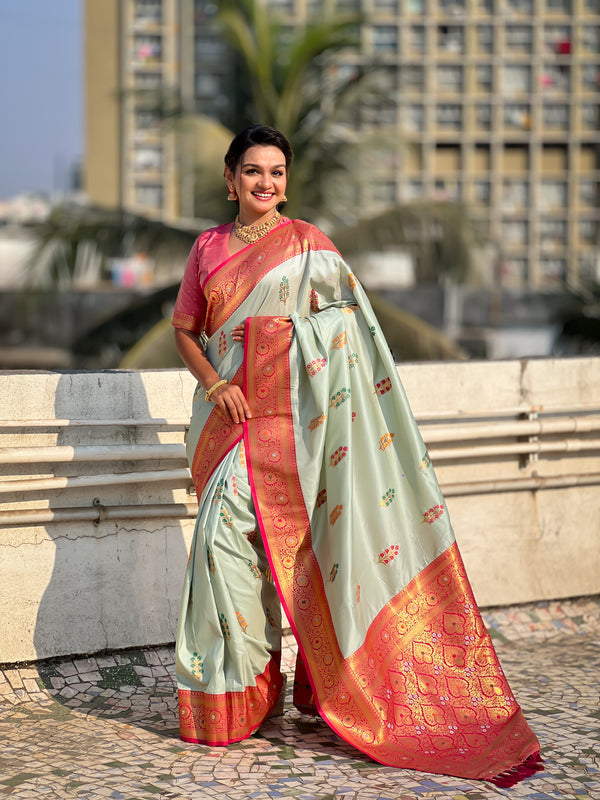 Off Grey Soft Silk Flower Butta Saree With Unstiched Blouse