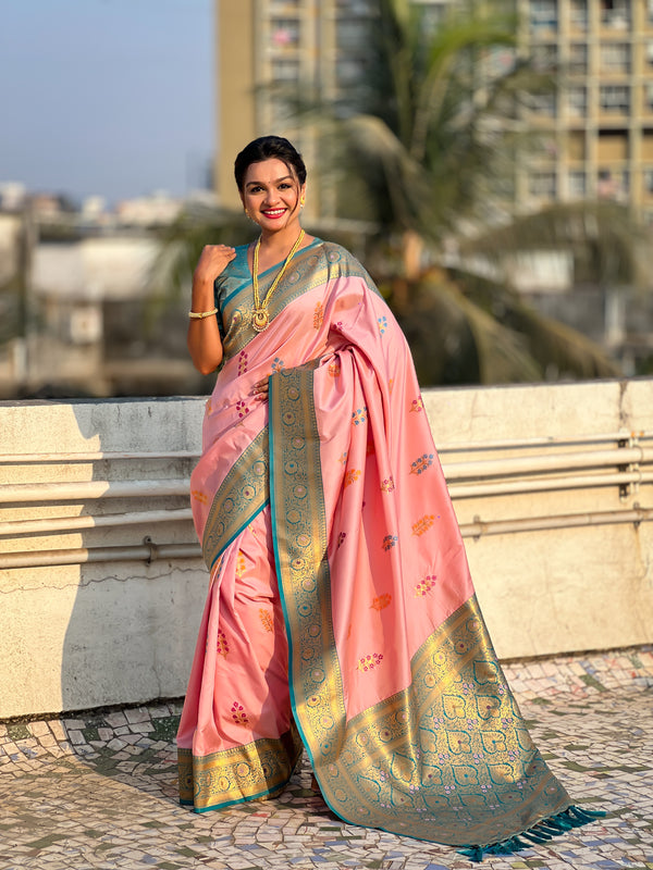 Baby Pink Soft Silk Flower Butta Saree With Unstiched Blouse