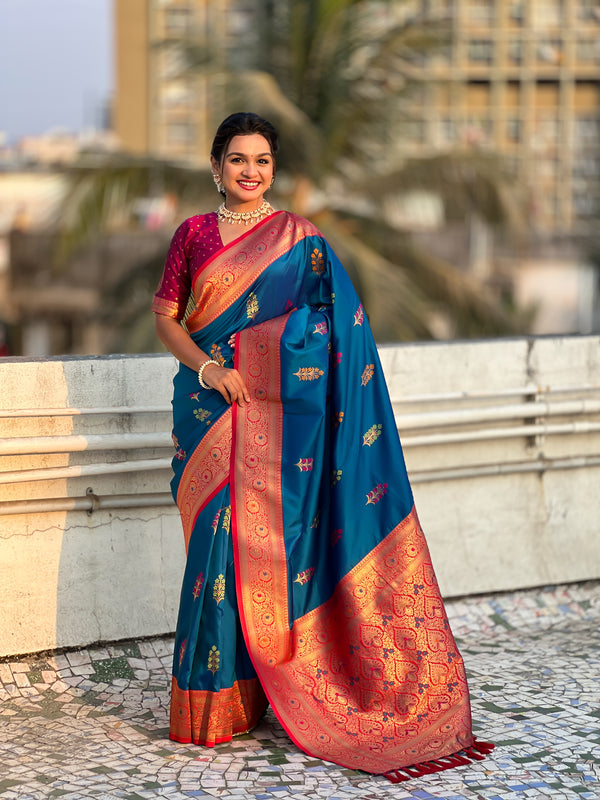 Navy Blue Soft Silk Flower Butta Saree With Unstiched Blouse