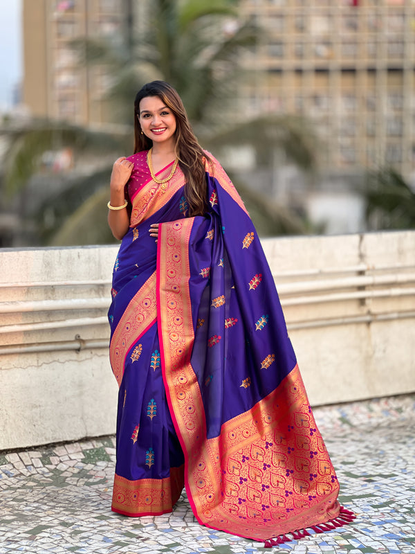 Blue Soft Silk Flower Butta Saree With Unstiched Blouse