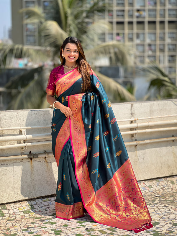 Green Soft Silk Flower Butta Saree With Unstiched Blouse