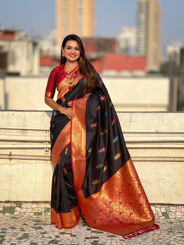 Black Soft Silk Flower Butta Saree With Unstiched Blouse