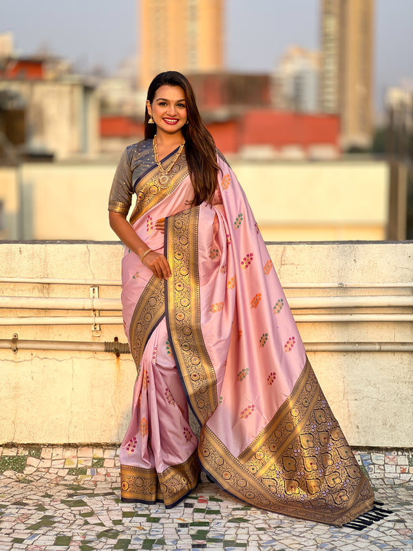 Light Pink Soft Silk Flower Butta Saree With Unstiched Blouse