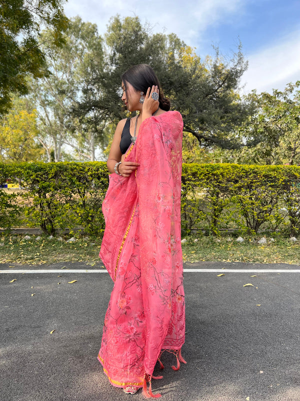 Peach Organza Saree With Satin Benglori Blouse With Unstitched Blouse