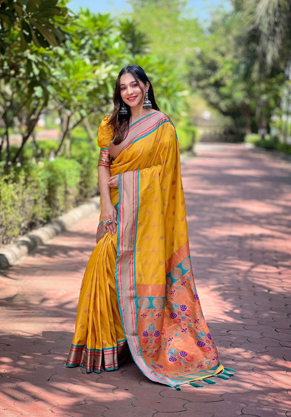 Yellow Paithani Saree With Unstitched Blouse