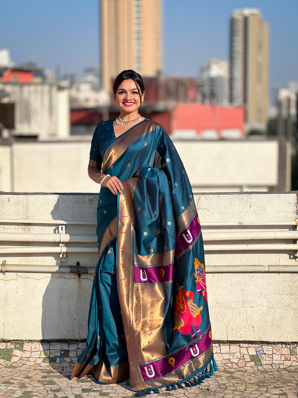 Teal Partywear Soft Silk Saree With Unstitched Blouse