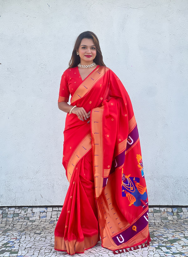 Red Partywear Soft Silk Saree With Unstitched Blouse