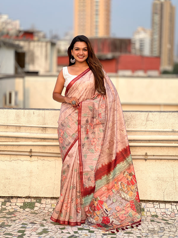 Brown Katki Silk Floral Print Saree With Unstiched Blouse