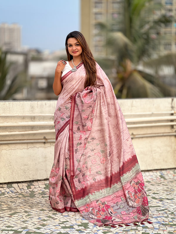 Pink Katki Silk Floral Print Saree With Unstiched Blouse