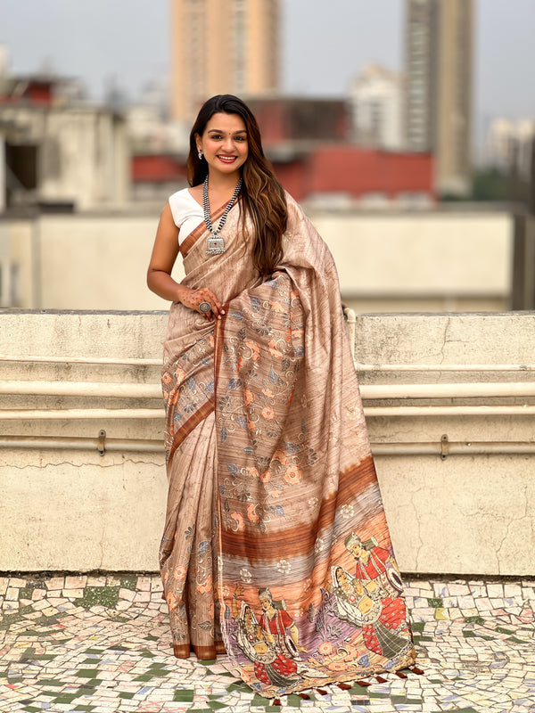 Light Brown Katki Silk Floral Print Saree With Unstiched Blouse