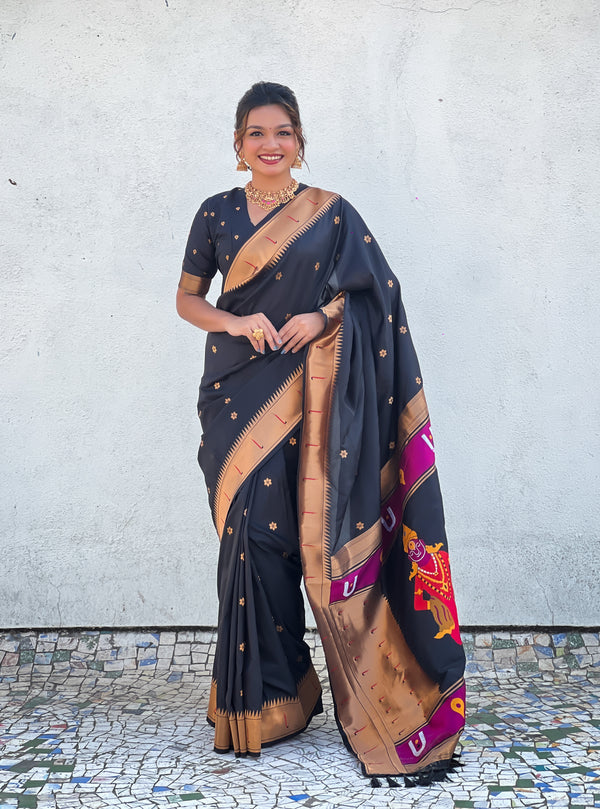 Black Partywear Soft Silk Saree With Unstitched Blouse
