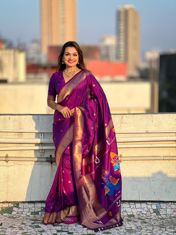 Violet Partywear Soft Silk Saree With Unstitched Blouse