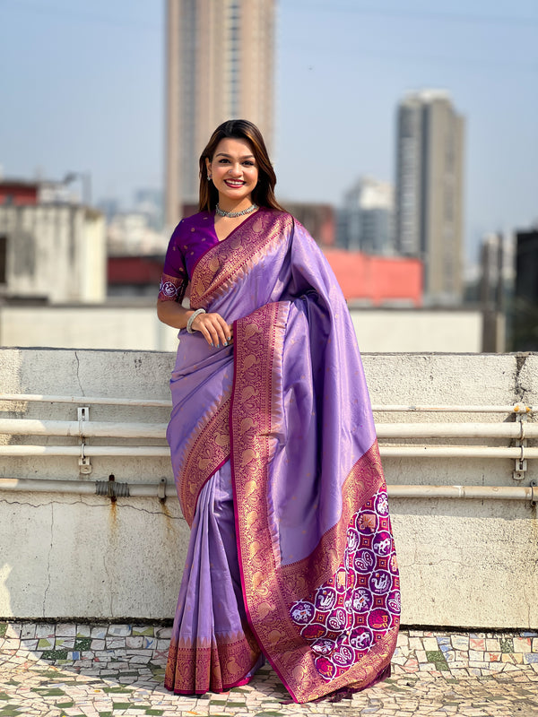 Violet Partywear Tissue Golden Zari Saree With Unstitched Blouse