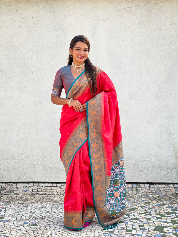 Pink Partywear Tissue Golden Zari Saree With Unstitched Blouse