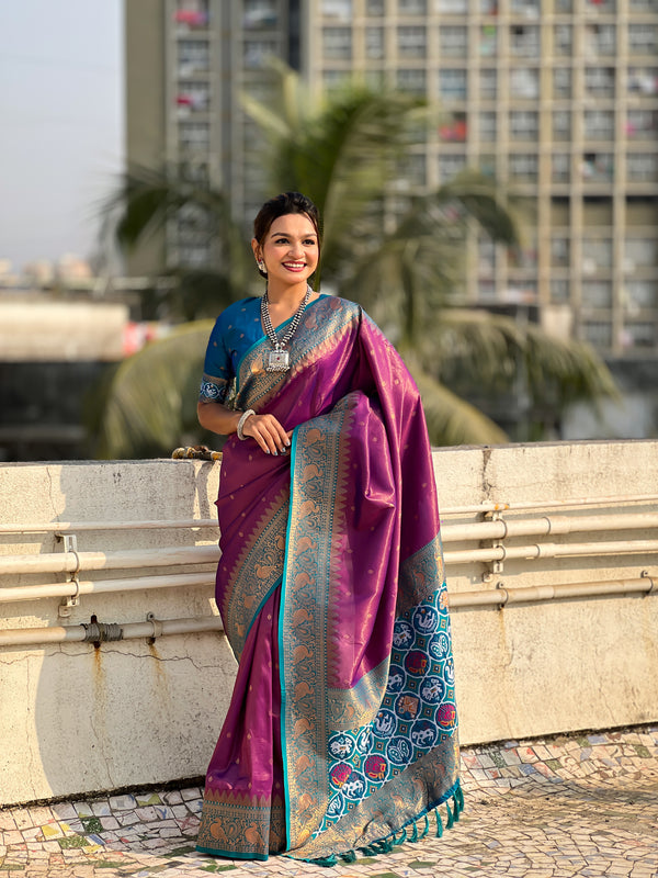 Purple Partywear Tissue Golden Zari Saree With Unstitched Blouse