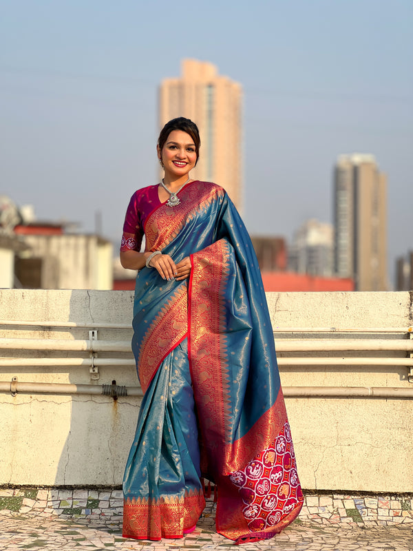 Navy Blue Partywear Tissue Golden Zari Saree With Unstitched Blouse