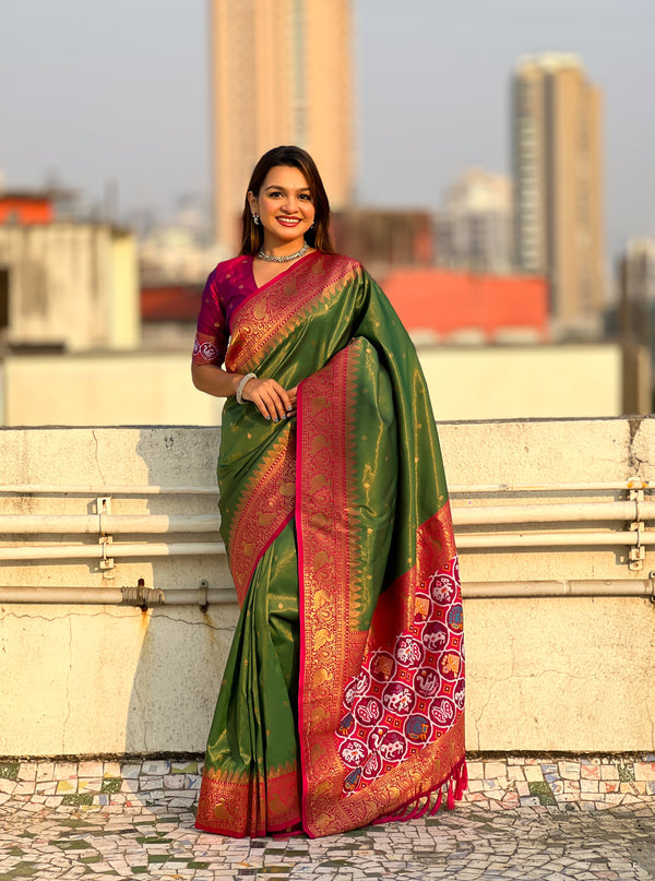 Green Partywear Tissue Golden Zari Saree With Unstitched Blouse