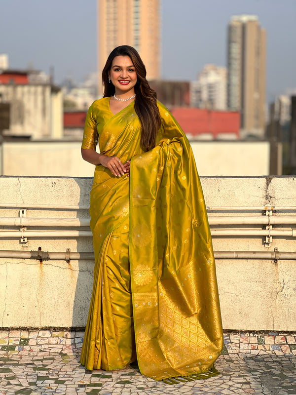 Yellow Soft Moonga Silk Saree With Unstiched Blouse