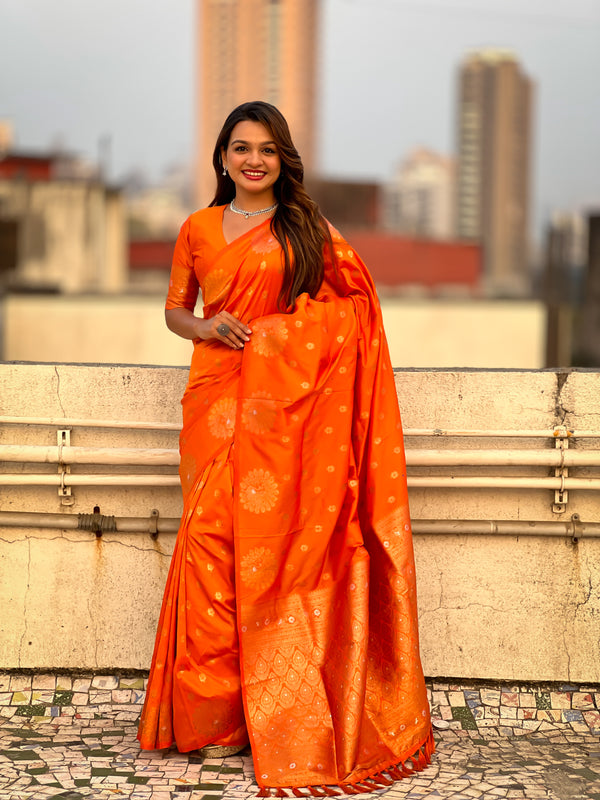 Orange Soft Moonga Silk Saree With Unstiched Blouse