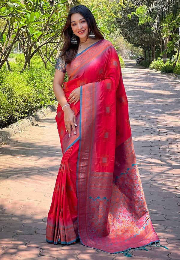 Red Soft Silk Zari Border Saree With Unstitched Blouse