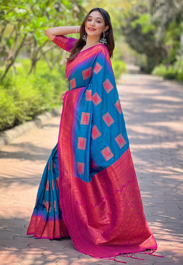Blue Soft Silk Zari Border Saree With Unstitched Blouse