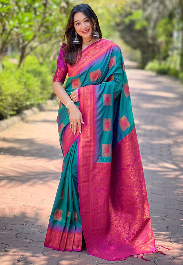 Teal Soft Silk Zari Border Saree With Unstitched Blouse