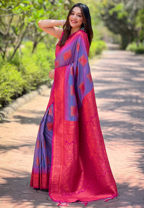 Purple Soft Silk Zari Border Saree With Unstitched Blouse