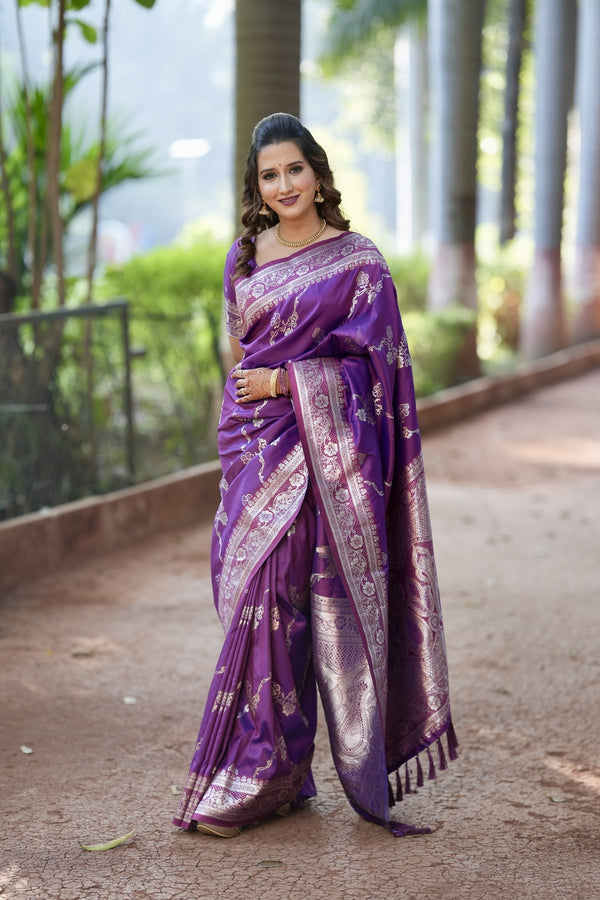 Wine Partywear Banarasi Soft Silk Saree With Unstitched Blouse
